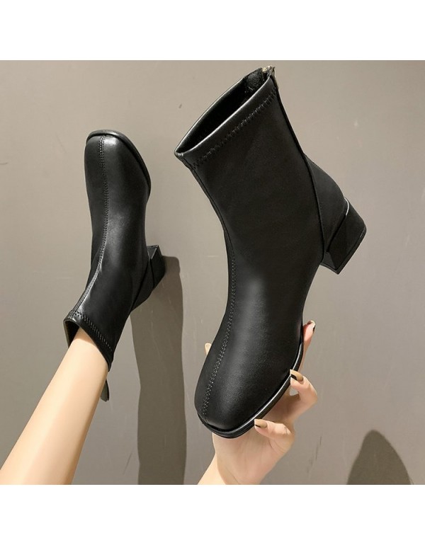 Autumn and winter 2021 new Korean version net red single boots women soft leather square head short boots women Plush high heels thick heels thin boots women