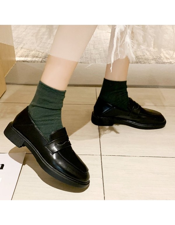 2021 autumn and winter new British style small leather shoes student black college Plush Lefu shoes flat bottomed women's shoes wholesale