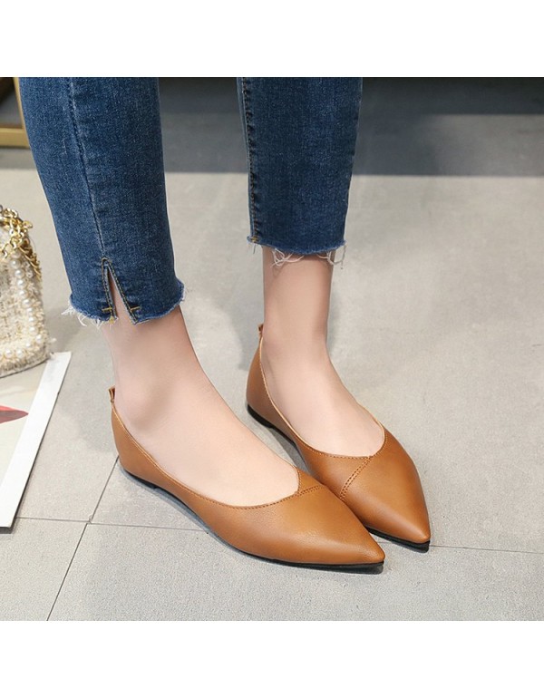 2021 spring new pointed flat shoes women's shallow flat heel shoes black comfortable leather work shoes wholesale