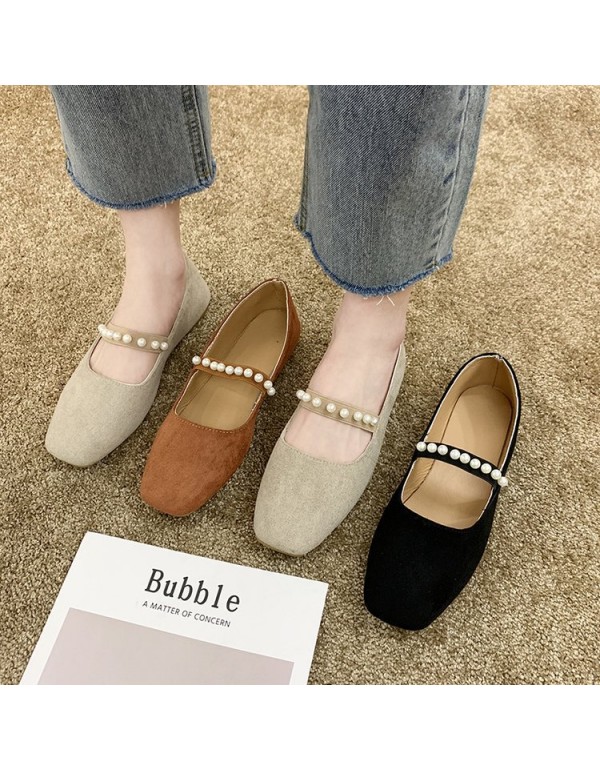 2021 autumn new flat sole single shoes Square Head shallow mouth flat belt elastic Beaded pea shoes suede women's shoes wholesale 