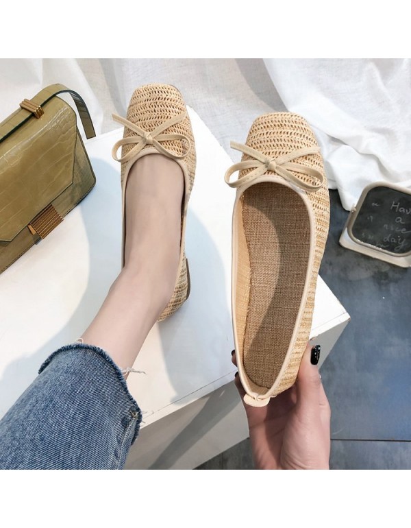 2021 summer new grass woven square head single shoes flat bottom shallow mouth bow breathable Doudou shoes women's shoes wholesale