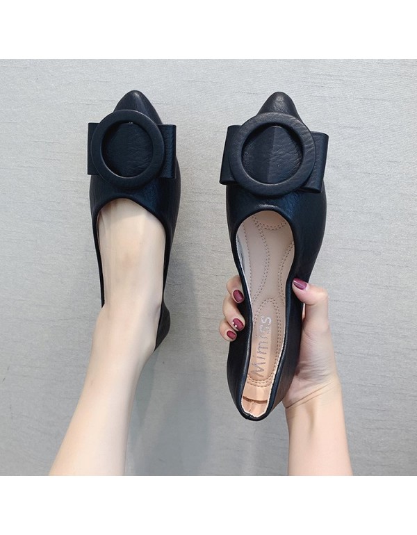 2021 spring new Korean version pointed single shoes bow shallow mouth flat shoes comfortable leather soft sole women's shoes wholesale