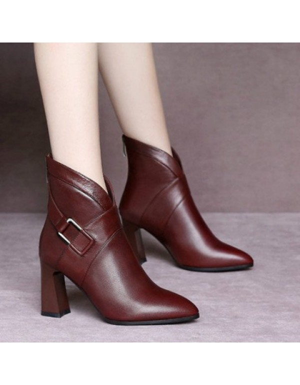 European and American high-heeled short boots women's 2021 spring and winter new pointed fashion boots fashion medium thick heel women's shoes