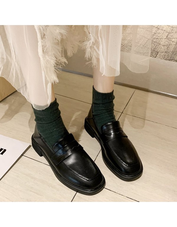 2021 autumn and winter new British style small leather shoes student black college Plush Lefu shoes flat bottomed women's shoes wholesale