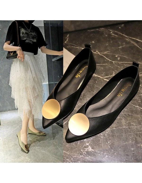 2021 spring new pointed shallow mouth flat shoes women's fashion metal round buckle comfortable flat single shoes women's shoes wholesale