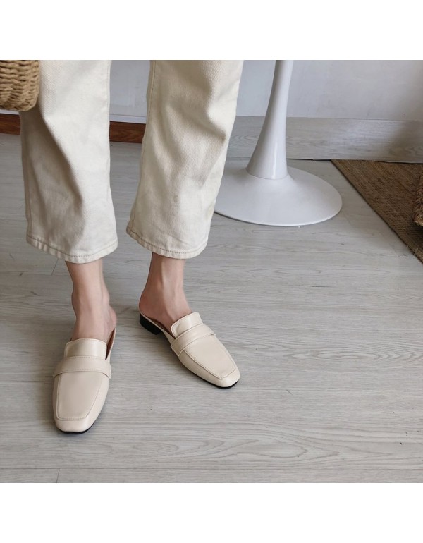 Wholesale of new Korean Baotou half slippers in spring and summer 2021, square head flat bottom, one foot on lazy slippers and women's shoes outside