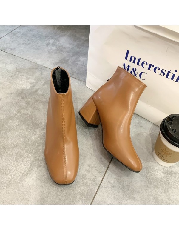 2021 autumn and winter New Retro thick heel short boots square head leather Martin boots back zipper Plush high-heeled women's boots wholesale