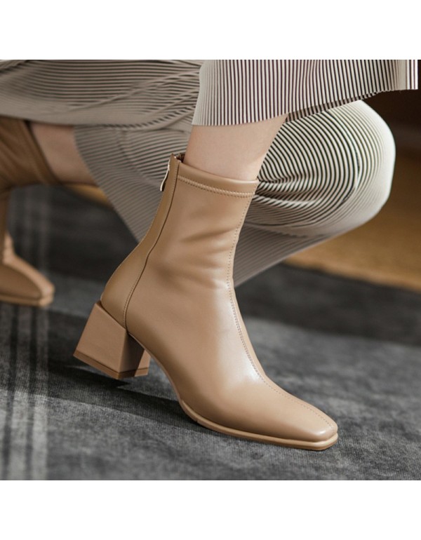 Slim elastic thin boots women's short boots 2021 summer new square head retro versatile bare boots middle heel spring and autumn single boots