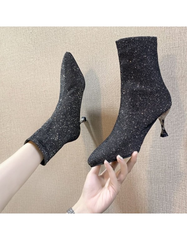 Sequin cloth elastic knitted short boots women's 2021 autumn and winter new European and American pointed high heels and thin heels medium boots single boots