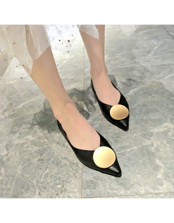 2021 spring new pointed shallow mouth flat shoes women's fashion metal round buckle comfortable flat single shoes women's shoes wholesale