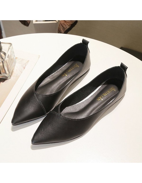 2021 spring new pointed flat shoes women's shallow flat heel shoes black comfortable leather work shoes wholesale