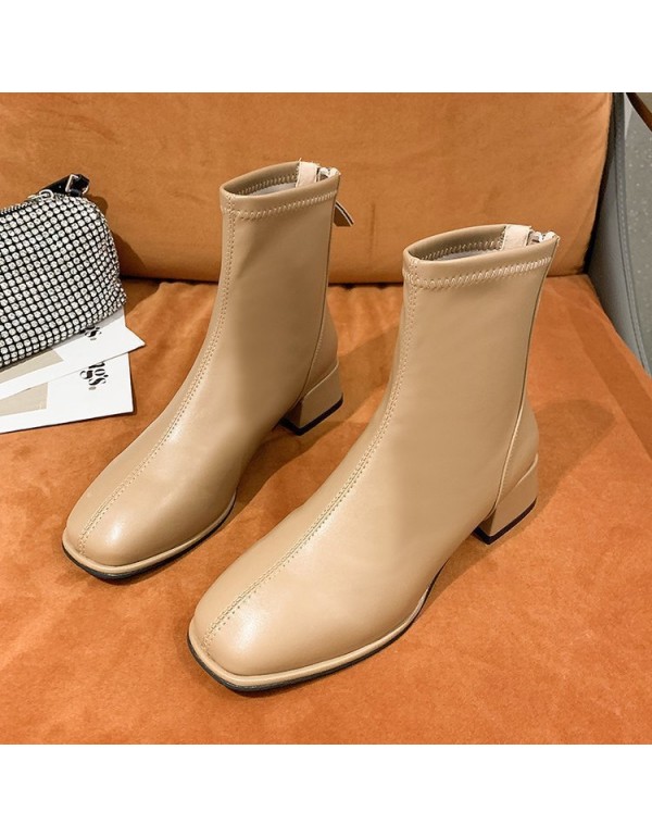 Autumn and winter 2021 new Korean version net red single boots women soft leather square head short boots women Plush high heels thick heels thin boots women