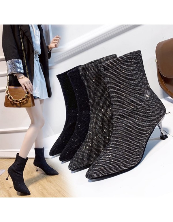 Sequin cloth elastic knitted short boots women's 2021 autumn and winter new European and American pointed high heels and thin heels medium boots single boots