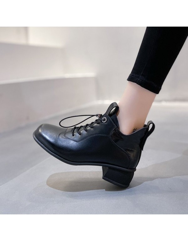 Fashion boots women's autumn 2021 new square root round head front lace up solid color middle heel nude boots in stock