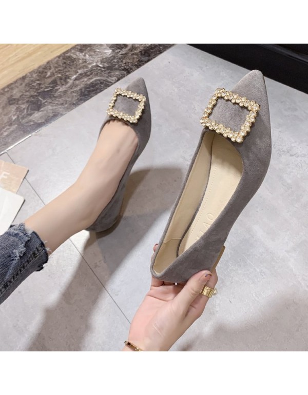 2021 spring new Korean version pointed single shoes shallow suede fashion Rhinestone square buckle flat shoes comfortable women's shoes wholesale