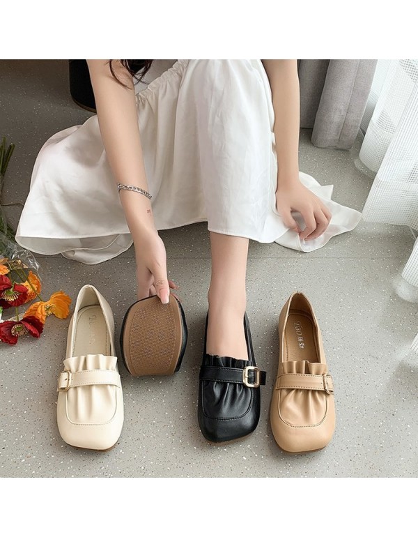 2021 autumn new Korean flat sole single shoes belt buckle square head soft bottom pea shoes fold fashion women's shoes wholesale