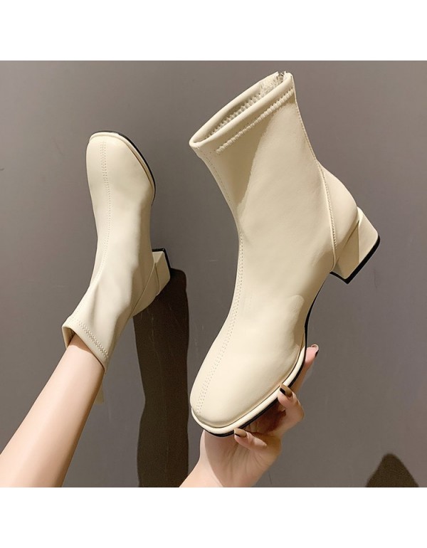 Autumn and winter 2021 new Korean version net red single boots women soft leather square head short boots women Plush high heels thick heels thin boots women