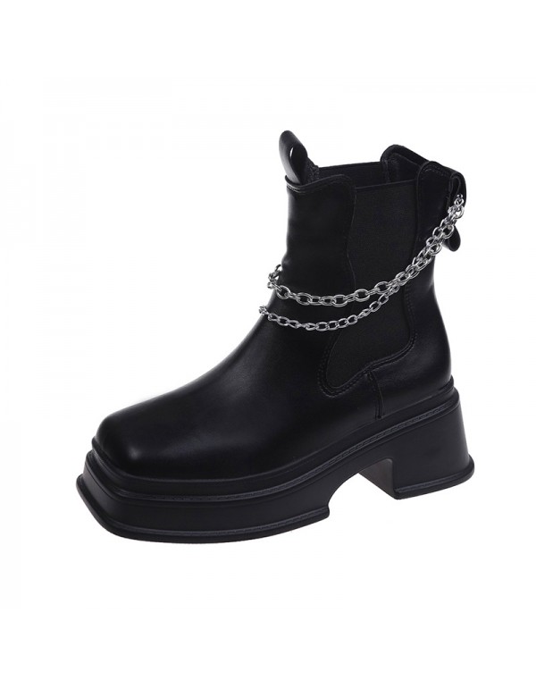 Fashion thick bottom Chelsea boots women's 2021 new short boots British elastic round head metal chain short barrel Martin boots