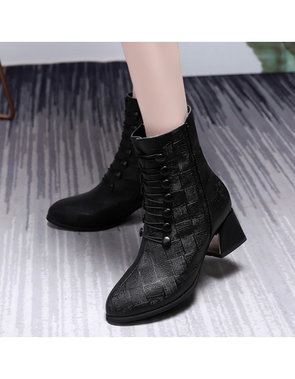 Women's short boots 2021 autumn and winter new leather pointed Martin boots thick heel Plush medium short boots high heels fashion boots