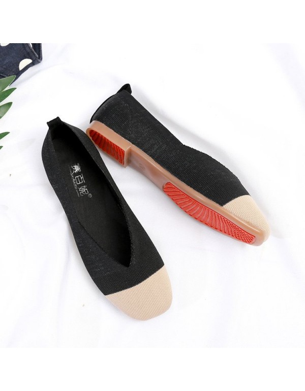 2021 spring new flat sole single shoes women's Korean fashion color matching flying woven breathable square head shallow mouth Doudou shoes wholesale