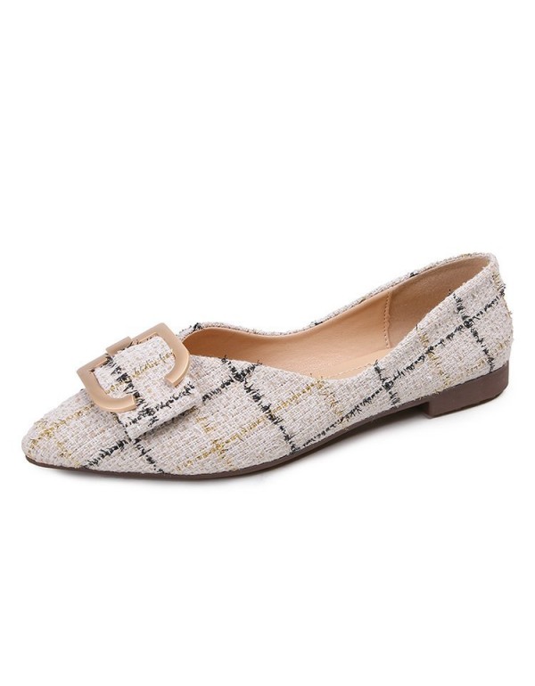 2021 spring new Korean pointed flat shoes shallow mouth c-button flat heel shoes Plaid soft soled women's shoes wholesale