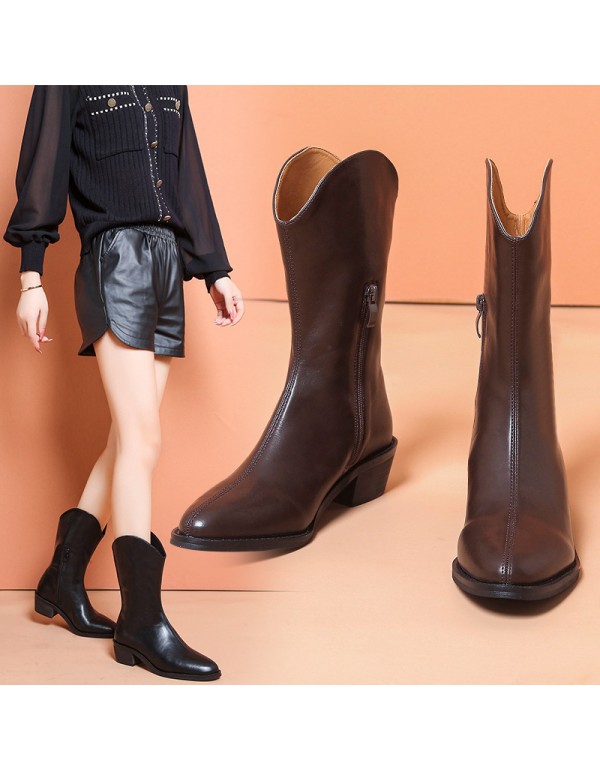 Large medium boots women's 2021 autumn and winter fashion pointed thick heel Knight boots British style side zipper medium heel women's Boots