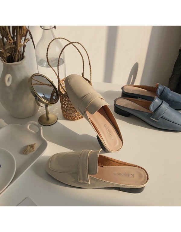 Wholesale of new Korean Baotou half slippers in spring and summer 2021, square head flat bottom, one foot on lazy slippers and women's shoes outside