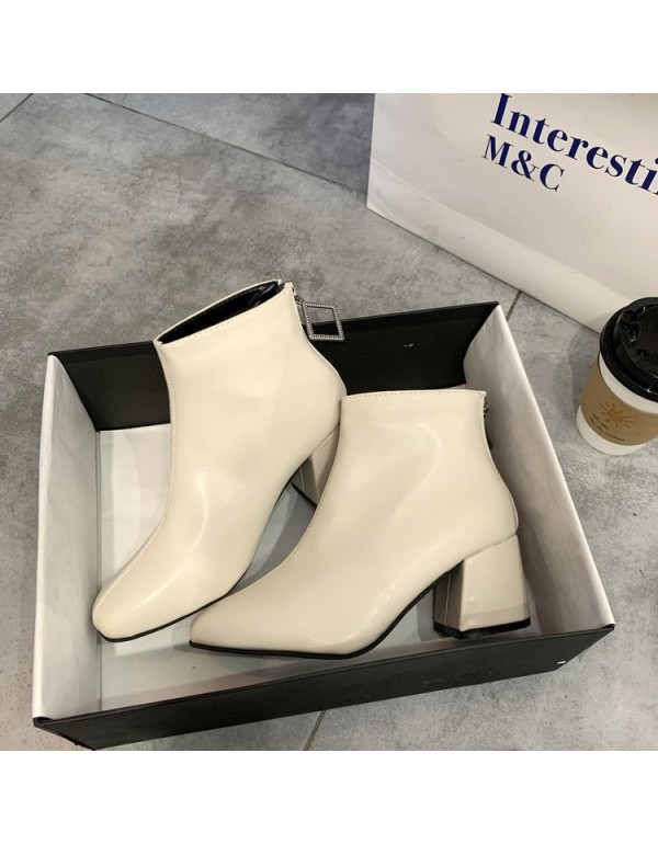 2021 autumn and winter New Retro thick heel short boots square head leather Martin boots back zipper Plush high-heeled women's boots wholesale