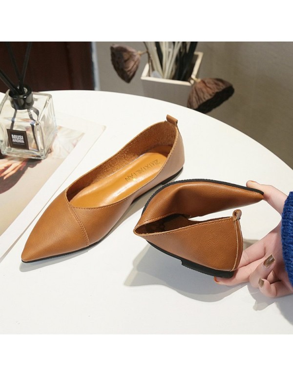 2021 spring new pointed flat shoes women's shallow flat heel shoes black comfortable leather work shoes wholesale