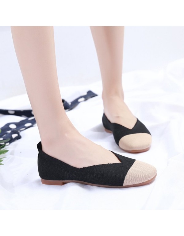 2021 spring new flat sole single shoes women's Korean fashion color matching flying woven breathable square head shallow mouth Doudou shoes wholesale