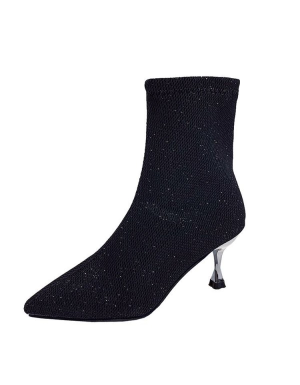 Sequin cloth elastic knitted short boots women's 2021 autumn and winter new European and American pointed high heels and thin heels medium boots single boots