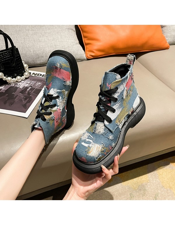 Denim Martin boots women's breathable British style 2021 new graffiti handsome thick bottom short barrel motorcycle single boots women's Boots