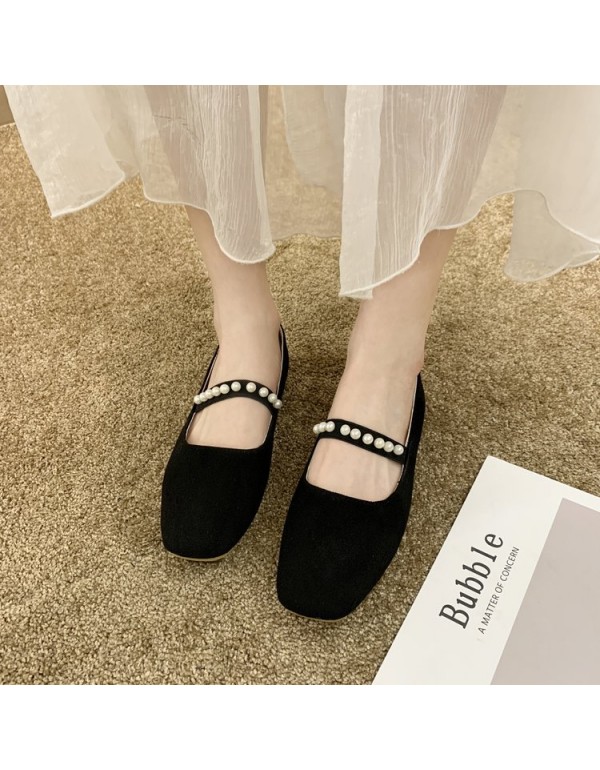 2021 autumn new flat sole single shoes Square Head shallow mouth flat belt elastic Beaded pea shoes suede women's shoes wholesale 