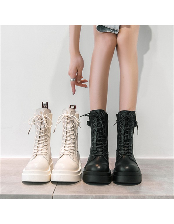 Fashion stitched motorcycle boots women's 2021 autumn and winter new ins fashion lace up British style thick bottom middle tube Martin boots