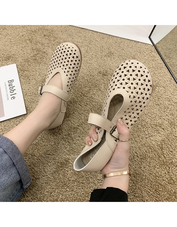 2021 summer new hollow out flat sole single shoes with one-line buckle, round head shallow mouth pea shoes, soft soled pregnant women's shoes