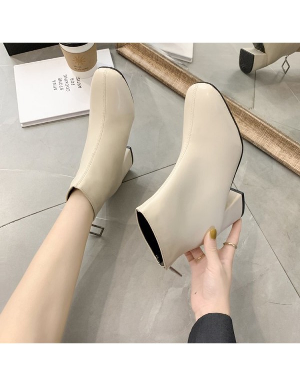 2021 autumn and winter New Retro thick heel short boots square head leather Martin boots back zipper Plush high-heeled women's boots wholesale