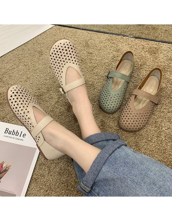 2021 summer new hollow out flat sole single shoes with one-line buckle, round head shallow mouth pea shoes, soft soled pregnant women's shoes