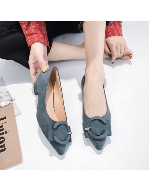 2021 spring new Korean version pointed single shoes thick heel shallow suede low heel women's shoes fashion work shoes wholesale