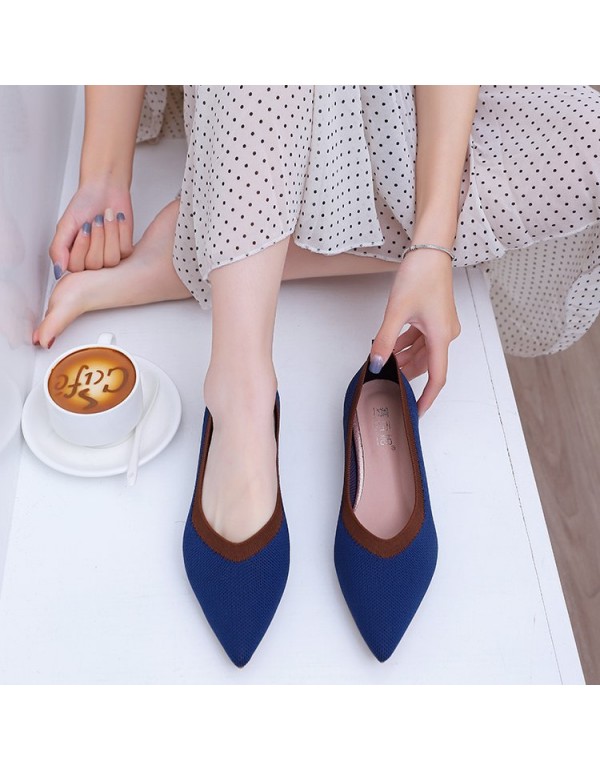 2021 autumn new Korean knitted breathable pointed single shoes flat bottomed fashion color matching casual shallow mouth women's shoes wholesale
