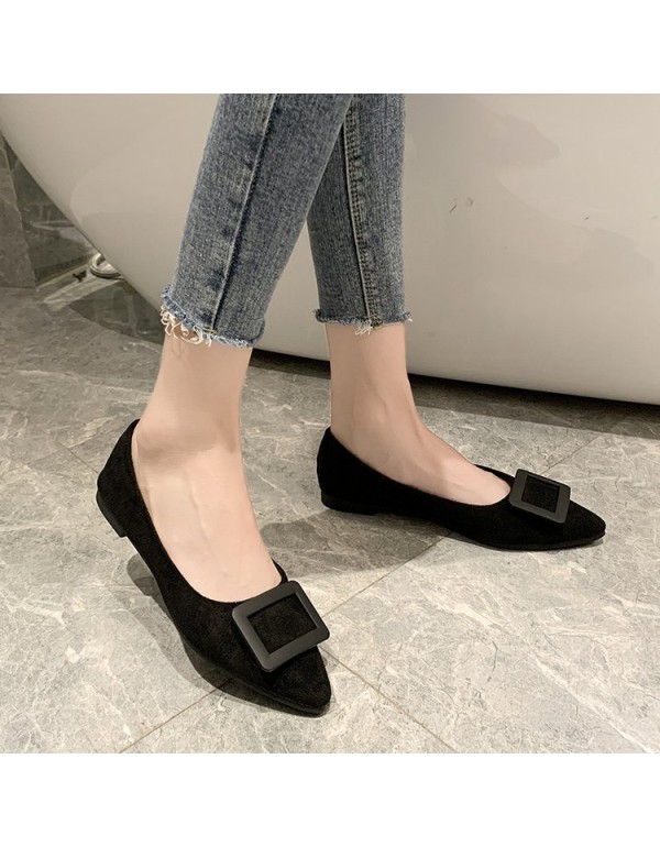 2021 spring new Korean pointed shallow mouth flat shoes fashion square button suede single shoes fashion women's shoes wholesale