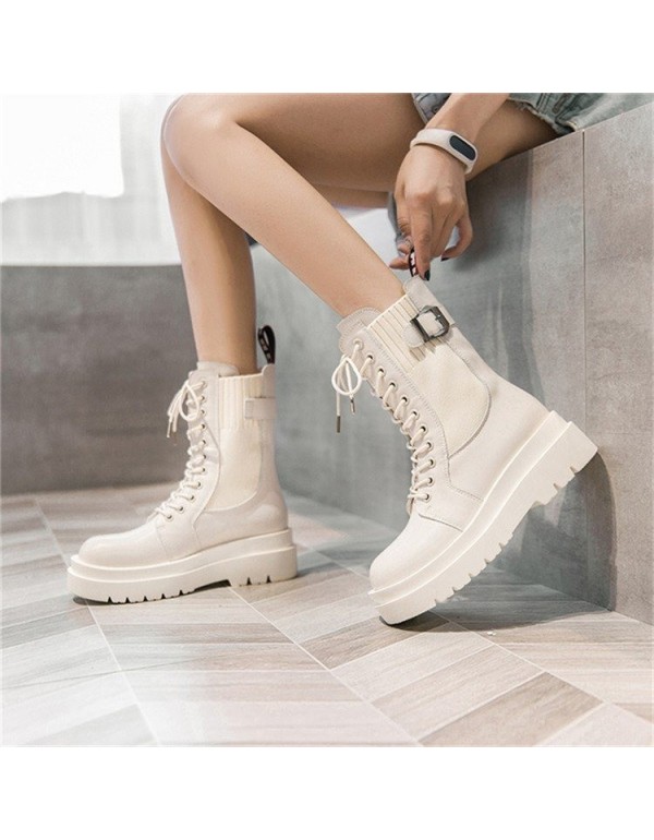 Fashion stitched motorcycle boots women's 2021 autumn and winter new ins fashion lace up British style thick bottom middle tube Martin boots