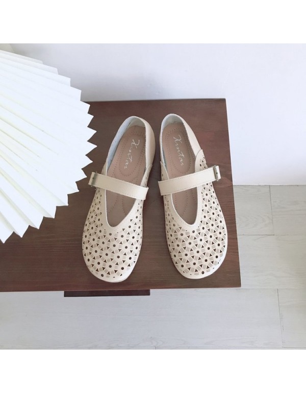 2021 spring and summer new flat sole single shoes round head shallow mouth slotted buckle hollow Doudou shoes soft sole women's shoes wholesale