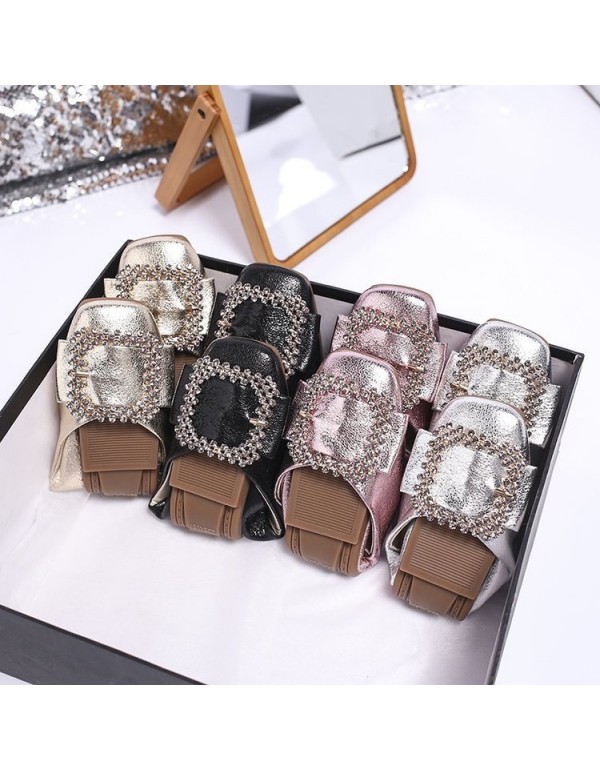 Wholesale of new Korean flat sole single shoes, square head shallow mouth Doudou shoes, Rhinestone square buckle soft soled women's shoes in autumn 2021