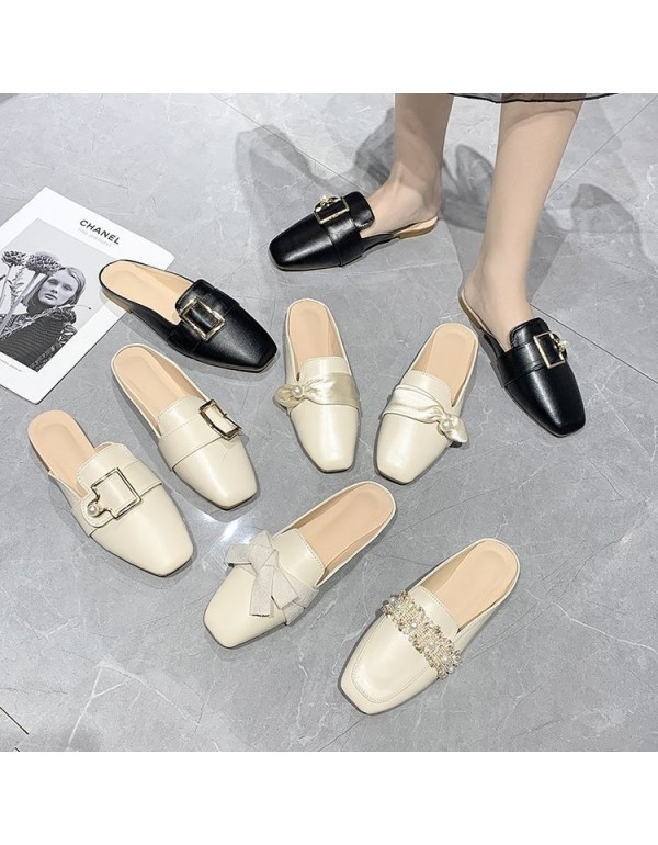2021 spring new Korean Baotou half slippers women wear flat bottom bow lazy shoes fashion women's shoes wholesale
