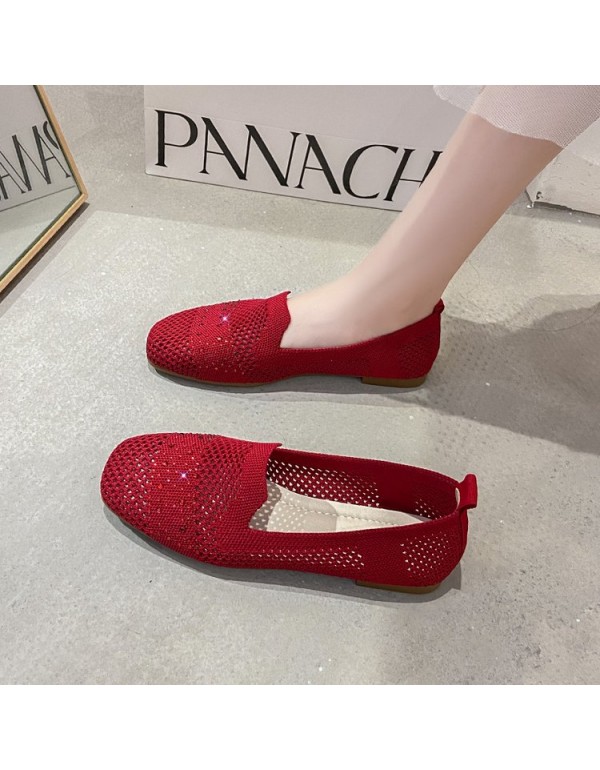 2021 summer new knitted flat sole single shoes Rhinestone breathable square head pea shoes cover feet comfortable women's shoes wholesale
