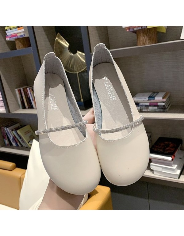 2021 spring new flat sole single shoes women's round head shallow mouth pea shoes Rhinestone flat sole women's shoes wholesale