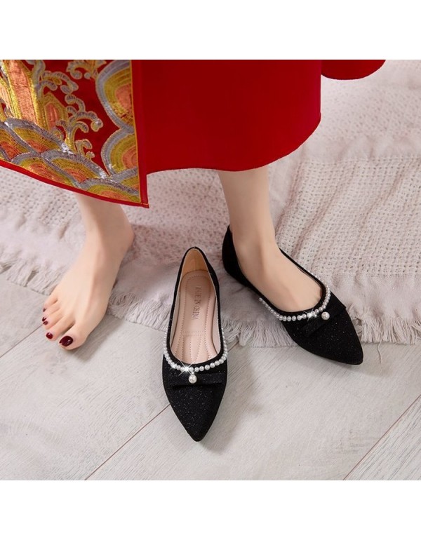 2021 spring new pointed shallow mouth flat shoes women's bow pearl flat heel shoes red wedding shoes wholesale