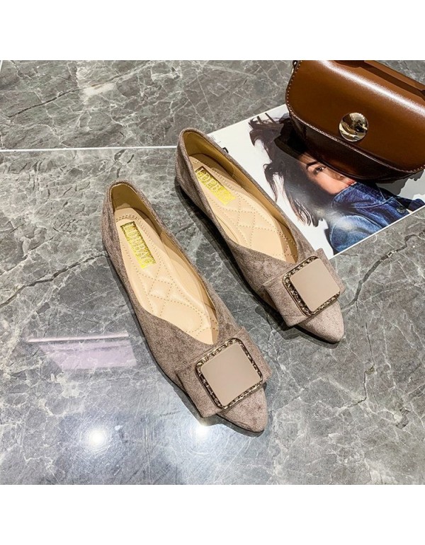 2021 autumn new Korean flat sole single shoes women's pointed shallow mouth bow square buckle suede comfortable women's shoes wholesale
