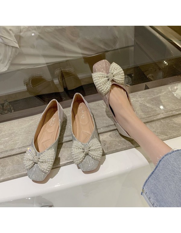 2021 autumn new sweet bow flat sole single shoes Square Head shallow mouth fashion Doudou shoes bright face women's shoes wholesale 