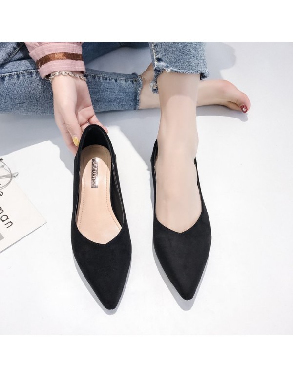 2021 spring new Korean version pointed head shallow mouth thick heel shoes fashion suede low heel black work women's shoes wholesale